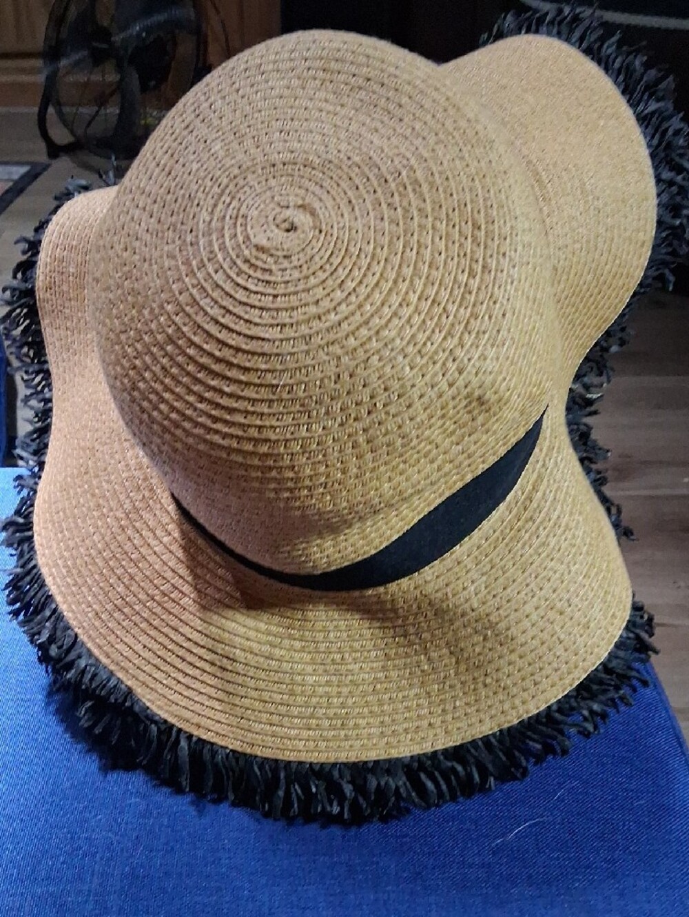 Wide Brim Straw Sun Hat with Fringe Trim - Tan and Black - Picture 2 of 4